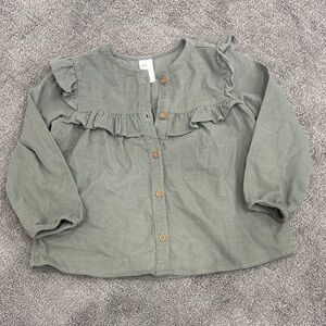 H&M Kids Ruffle Button-Up Corduroy Shirt - Green 3T